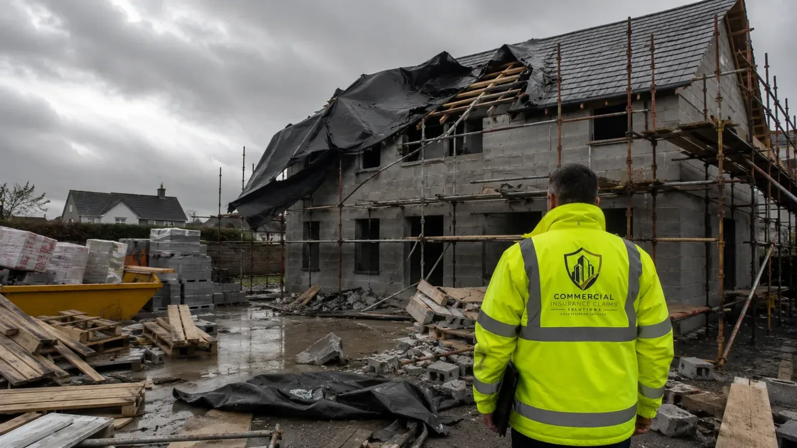 High winds lifting slates and tearing the roof covering of a commercial building in Ireland