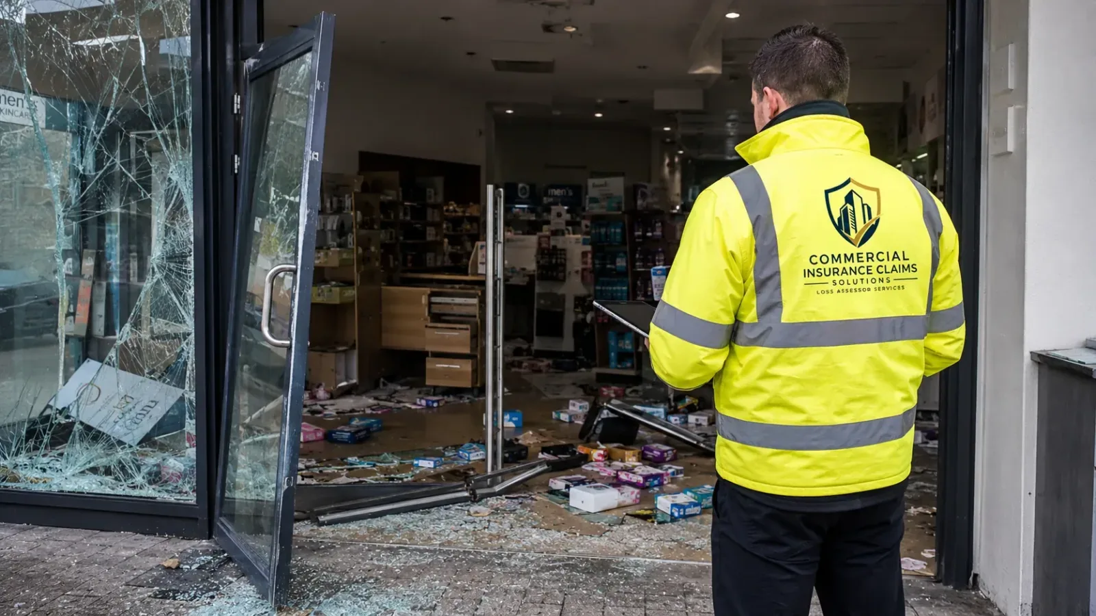Emptied shelves and break-in damage inside a commercial retail premises