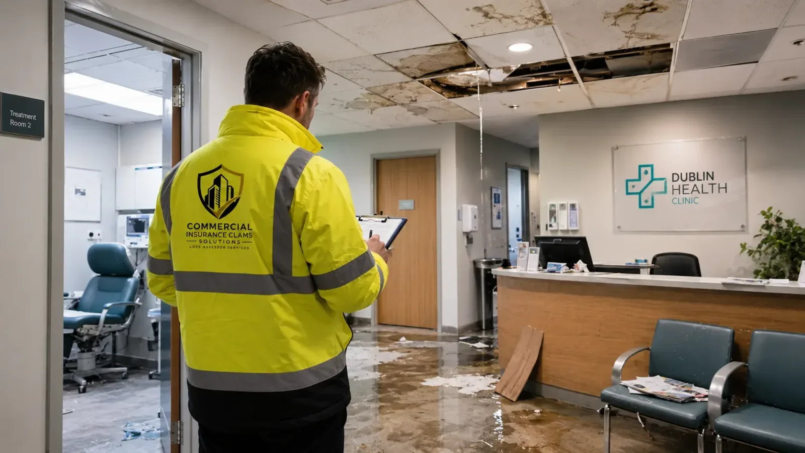 Loss assessor inspecting hidden water damage at a commercial premises