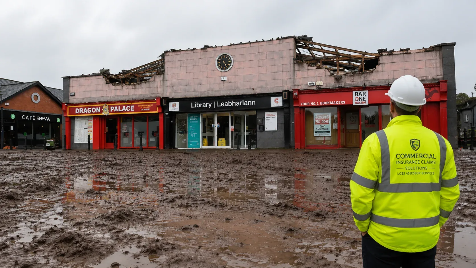 Storm-damaged commercial parade of shops being assessed by a loss assessor in Ireland