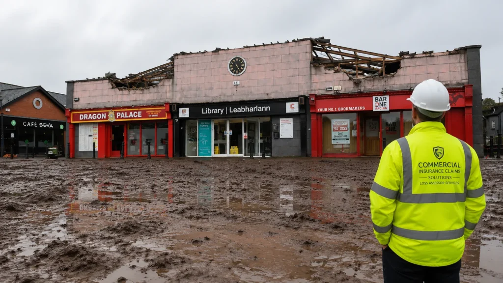 Loss assessor inspecting a flooded retail parade after storm damage in Dublin